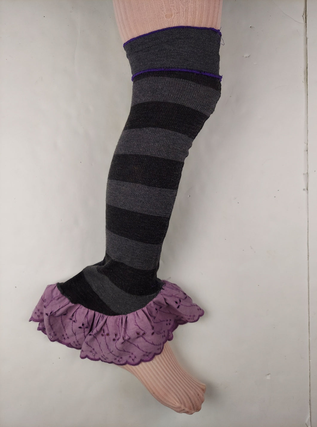 Striped purple ruffle leg warmers