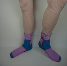 Load image into Gallery viewer, Reverse seams patchwork crew socks 5-7 lavender and blue
