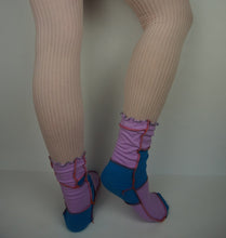 Load image into Gallery viewer, Reverse seams patchwork crew socks 5-7 lavender and blue
